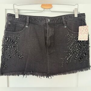 Free People Black Embellished Denim Mini Skirt NWT Beaded Festival Glam US10